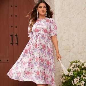Maternity Allover Floral Print Puff Sleeve Shirred Knot Front Dress
